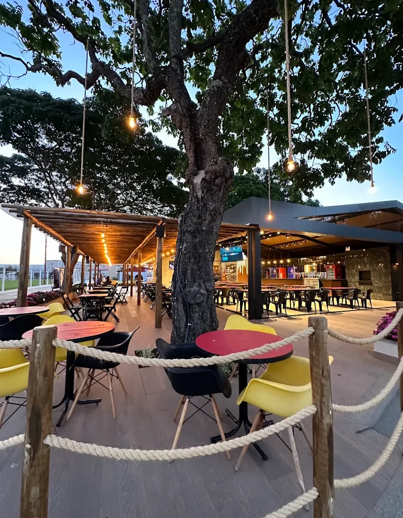 Área externa com árvore e mesas do Olímpio Gastrobar
